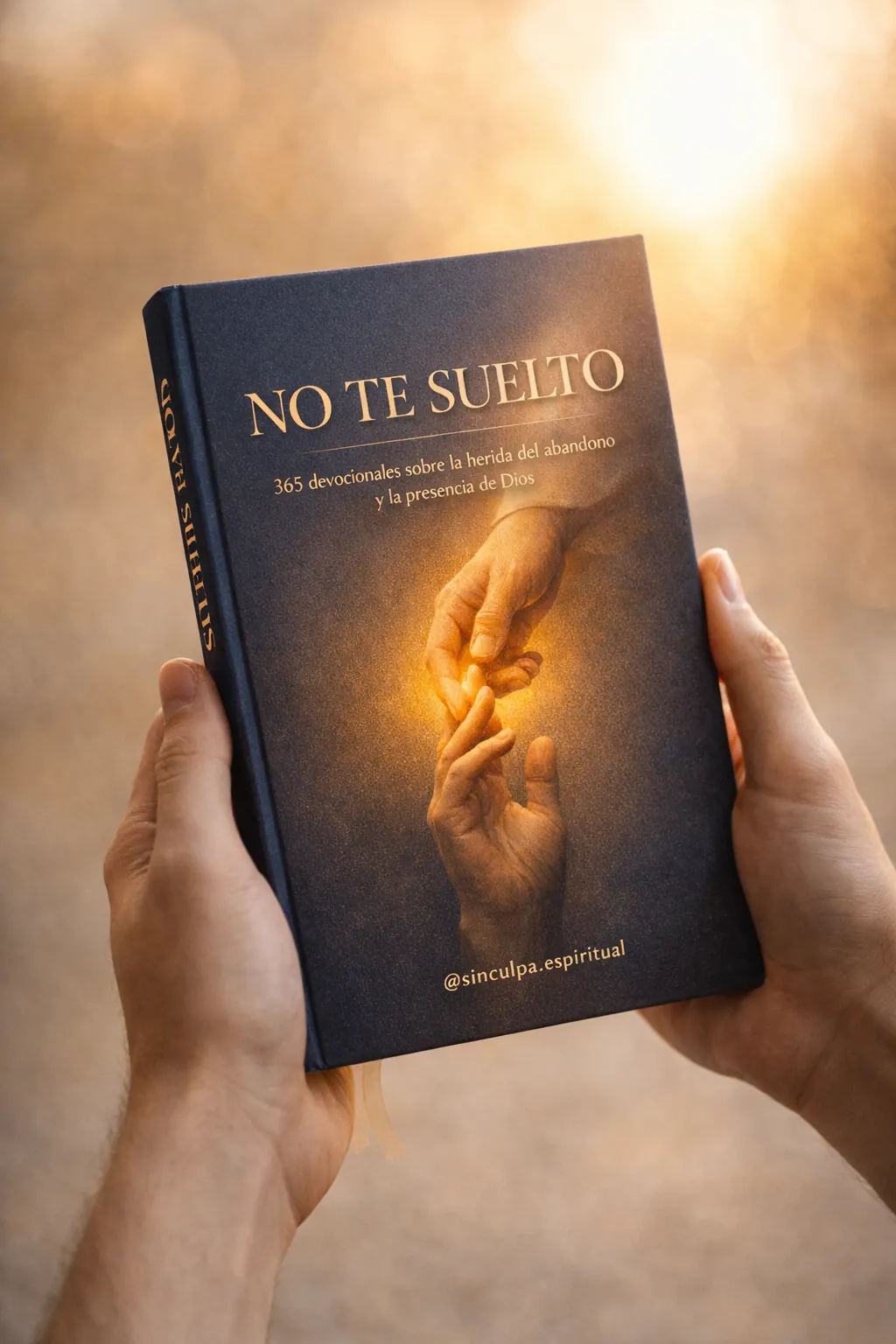 Manos sosteniendo el libro No Te Suelto con luz dorada